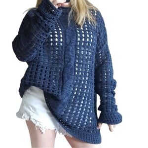 Free People Navy Blue Open Weave Oversized Angora Blend Fisherman Sweater Small